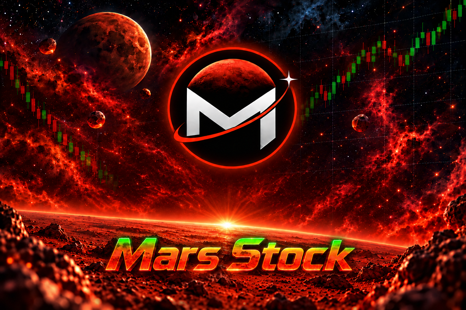 Mars Stock banner: a burning Mars wrapped in candlesticks